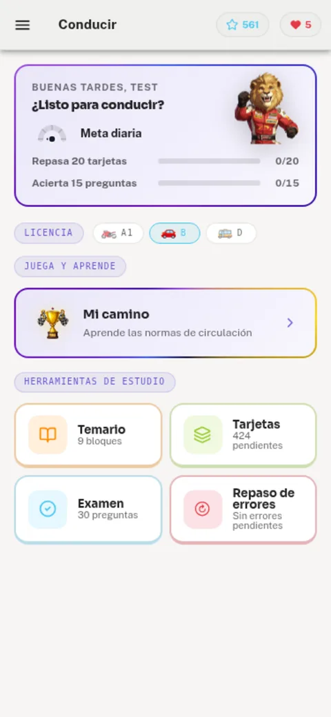 Pantalla de inicio de la app con la meta diaria y los modos de estudio