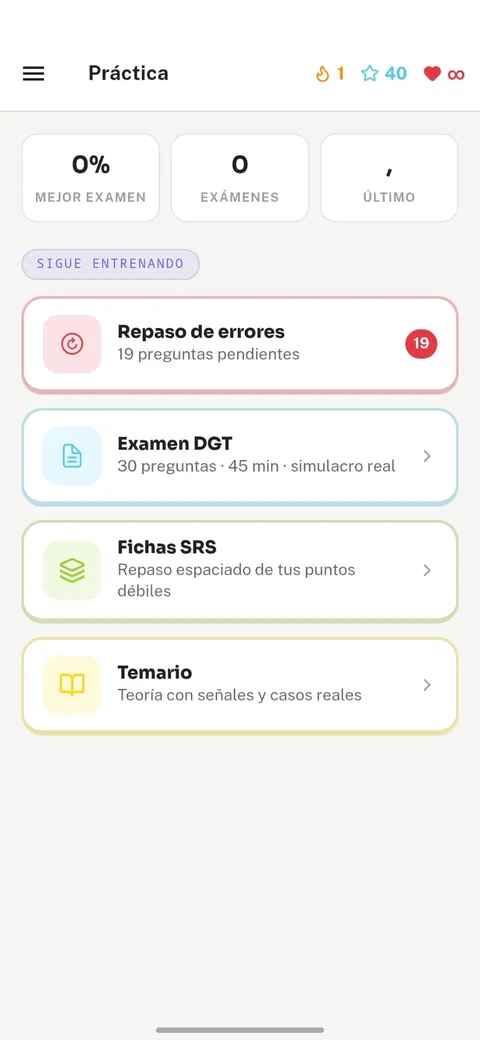 Menú de práctica con repaso de errores, examen y fichas